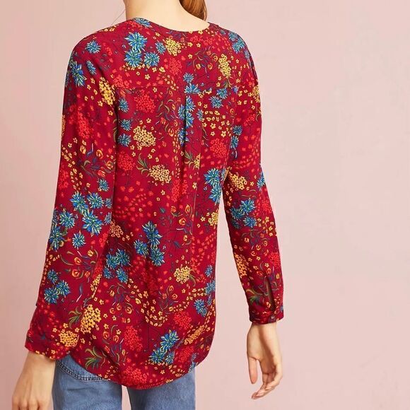 Maeve by Anthropologie Floral Pintuck Pleat Shirt Red XS - Picture 5 of 16